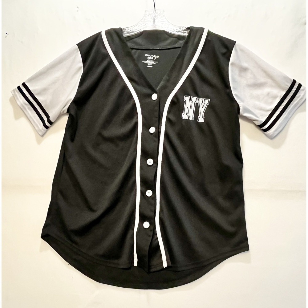 Orange Kiss NY New York Baseball Jersey Button All Star Size L Black White